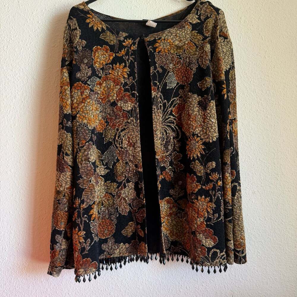 MSK Women Floral Tapestry Burnout Poncho Top Gold Metallic Beaded Fringe 2X